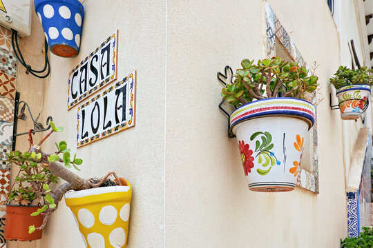 Potted flowers on building wall in Barrio de Santa Cruz, historic Santa Cruz neighborhood of Alicante Old Town, located near Santa Barbara Castle in Alicante, Spain