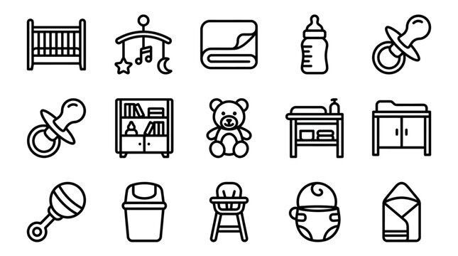 Baby nursery icons set: crib, mobile, blanket, bottle, pacifier, teddy bear, changing table