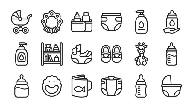Baby Care Icons Set: Stroller, Rattle, Diapers, Bottles, Toys, Shoes, Giraffe