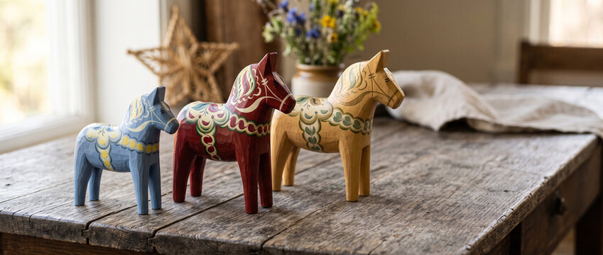 Colorful Swedish Dala horses as decorative elements on wooden table  