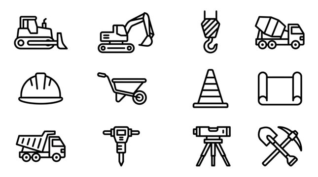 Construction Equipment Icons Set: Bulldozer, Excavator, Crane, Mixer, Helmet, Wheelbarrow, Cone, Blueprint
