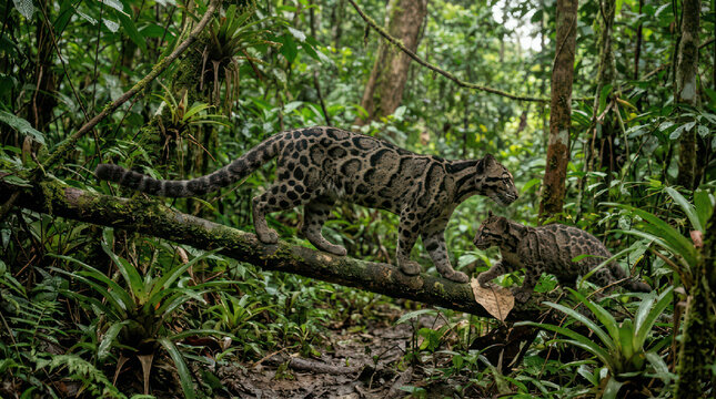 Clouded Leopard Walking on a Tree Branch in a Lush Forest.