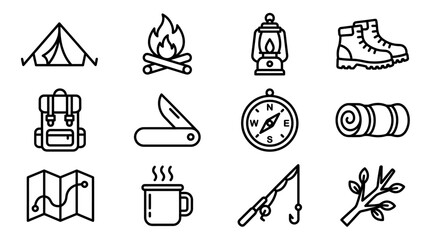 Fototapeta premium Camping and Hiking Icons: Tent, Fire, Lantern, Boots, Backpack, Knife, Compass, Sleeping Bag