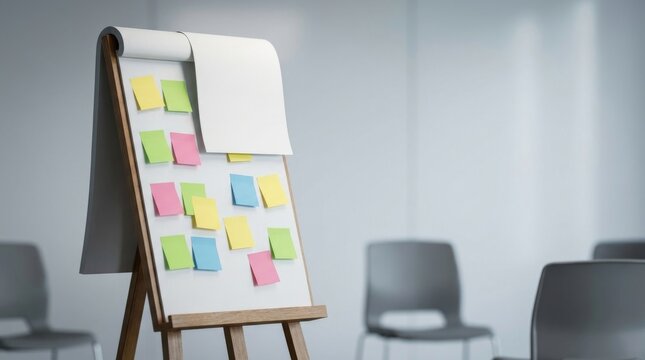 Flipchart on wooden easel with colorful adhesive notes in modern office for brainstorming