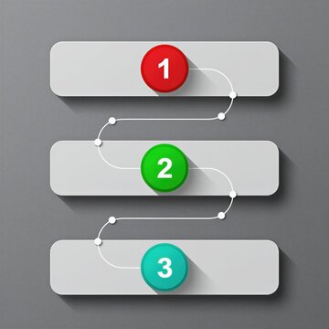 Minimal infographic template with three numbered horizontal stpic connected by lines. Abstract modern diagram layout shows sequence process flow. Colourful round labels sit on grey blocks for