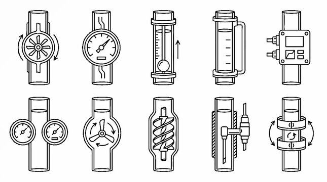 A collection of ten hand drawn industrial flow meter icons for pipe systems.