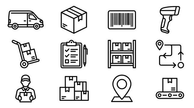 Logistics icons: delivery van, box, barcode, scanner, cart, checklist, warehouse, route, worker