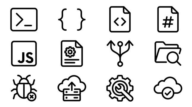 Programming Icons Set: Code, Debug, Cloud, Folder, Settings, JavaScript, Command Line