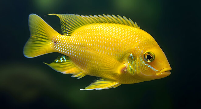 Vibrant yellow labidochromis caeruleus cichlid swimming in a dark aquarium water environment