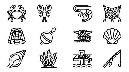 Seafood Icons: Crab, Lobster, Shrimp, Fishing Net, Lobster Pot, Buoy, Cleat, Shellfish © Brian
