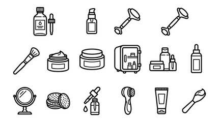 Skincare Routine Icons: Beauty Products, Tools, and Mini Fridge - Line Art Collection © dinny