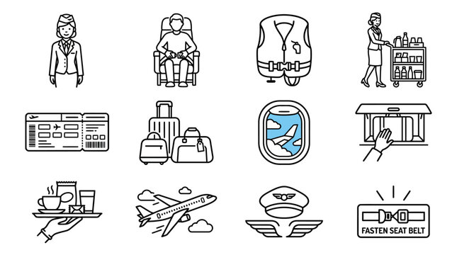 Airplane Travel Icons: Flight Attendant, Passenger Seat, Luggage, Ticket, Window, Safety