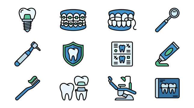 Dental Care Icons Set: Tooth Implant, Braces, Flossing, Tools, Chair, X-ray
