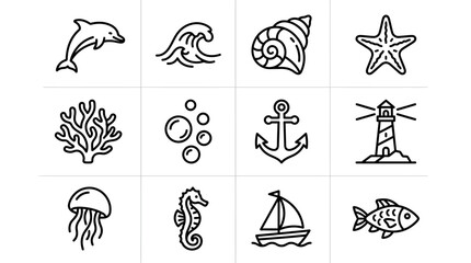 Nautical Icons Collection: Ocean, Sea Life, and Maritime Symbols Outline Set © Brian