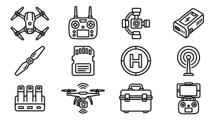 Drone Technology Icons: Quadcopter, Remote Control, Gimbal, Battery, Propeller, SD Card, Landing Pad, Antenna, Charger, Drone © Brian