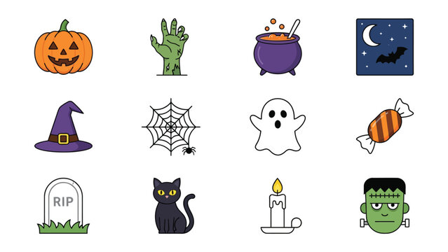 Colorful halloween icons with presents collection festive cartoon symbols spooky holiday season
