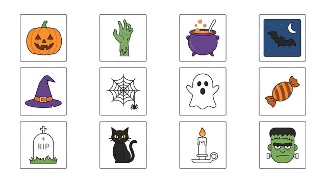 Set of twelve flat vector icons representing traditional halloween symbols