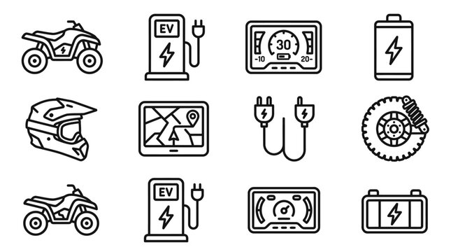 Electric Vehicle Icons: ATV, Helmet, Charger, Battery, Dashboard, GPS, Wheel