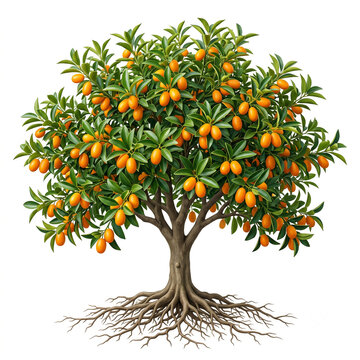Nagami Kumquat tree, mature full tree bearing elongated bright orange Nagami kumquats, exposed visible roots, 1:1 ratio, isolated on seamless pure white background