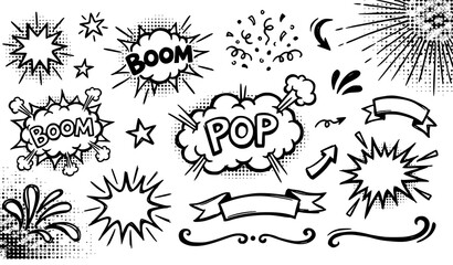 Set of hand drawn comic book speech bubbles and explosion elements with halftone patterns on a white background © Moja