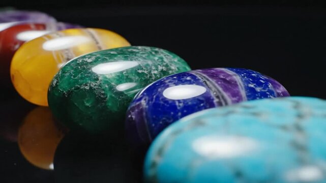 Close-up of Vibrant Polished Gemstone Eggs with Reflective Surface on a Dark Background