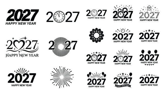 Set of twenty twenty seven happy new year typography designs with festive decorative graphic elements