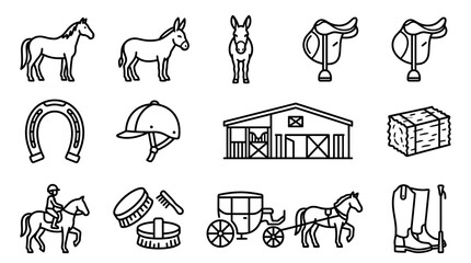 Equestrian Icons: Horse, Donkey, Saddle, Barn, Carriage, Boots, Horseshoe, Helmet, Hay © dinny