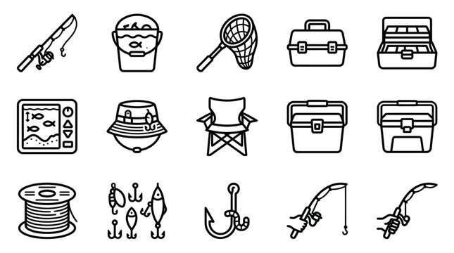 Fishing Gear Icons: Rod, Reel, Net, Tackle Box, Bait, Fish Finder, Chair, Bucket