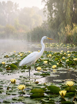 A graceful great egret wades through a tranquil lily-covered wetland at sunrise, surrounded by blooming yellow water lilies and soft morning mist.