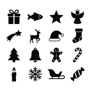 Set of flat minimalist holiday icons with representing traditional seasonal displays collection sixteen