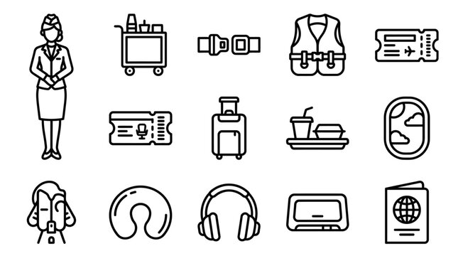 Airline Travel Icons Set: Flight Attendant, Tickets, Luggage, Food, Safety Equipment, Passport