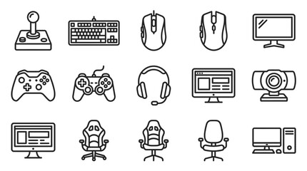 Gaming Accessories Icons Set: Joystick, Keyboard, Mouse, Controller, PC, Monitor, Webcam, Headset © dinny