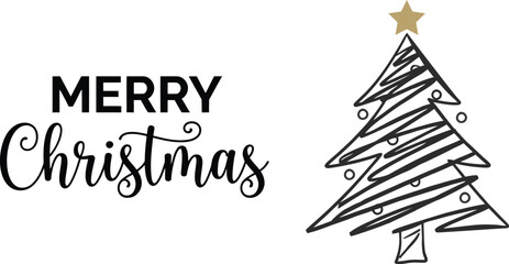 Hand-drawn Merry Christmas greeting card with festive tree. Holiday illustration featuring handwritten text and holiday decor sketch. © Alamgir