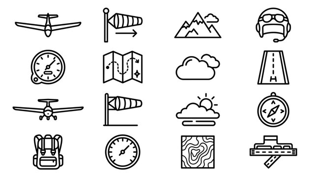 Aviation Icons: Airplane, Wind Sock, Map, Compass, Mountains, Clouds, Runway, Backpack