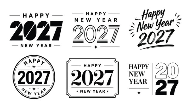 Set of six minimalist happy new year 2027 typography designs in black with typographic layouts
