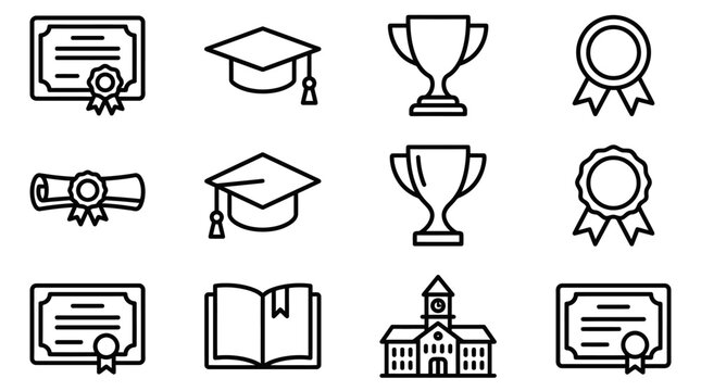 Academic Achievement Icons: Graduation, Diploma, Trophy, Book, School Building