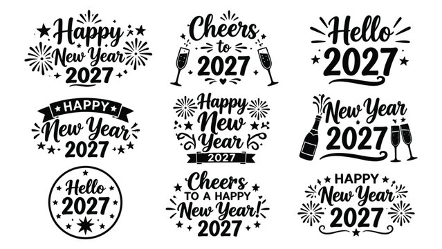 Set of happy new year 2027 celebrations typography vector illustrations with displays collection black