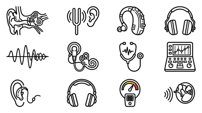 Hearing Health Icons: Ear Anatomy, Audiology, Hearing Aids, Sound Waves, Headphones