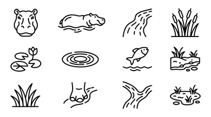 Hippopotamus Icons: Wildlife, Water, River and Nature Elements Line Art