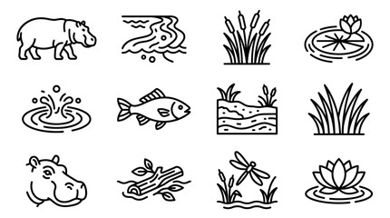 Set of icons: Hippo, river, reeds, water lily, fish, dragonfly, log, water splash