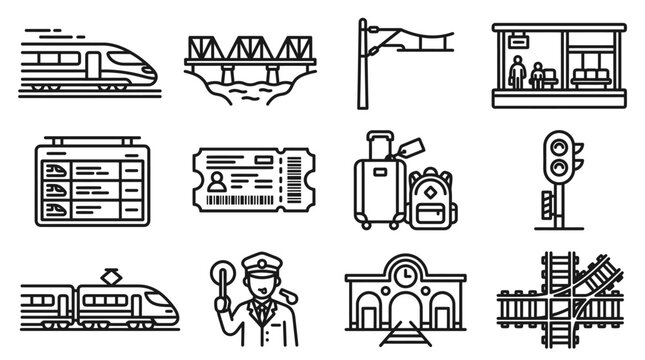 Vector Icons Set: Train Travel, Station, Ticket, Luggage, Traffic Light, Railway