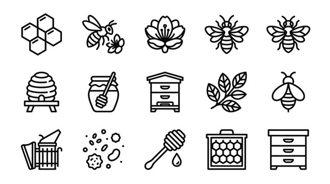 Bee Icons Set: Honeycomb, Beehive, Flower, Honey Jar, Beekeeper Tool