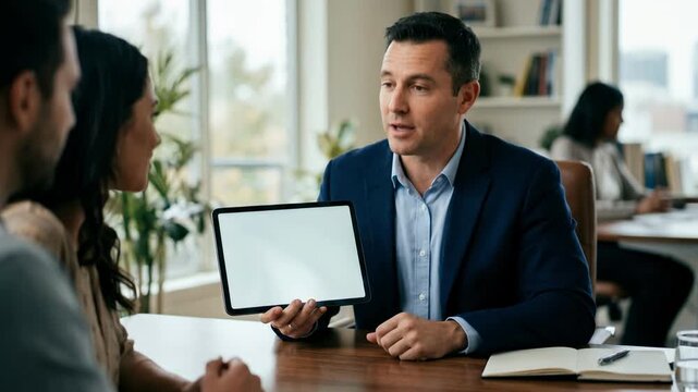 Medium shot of a mortgage advisor highlighting fixed rate options on a digital tablet with the background softly blurred focusing on the devices screen.