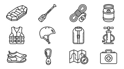 Outdoor Adventure Gear Icons: Raft, Paddle, Rope, Helmet, Life Vest, Map, First Aid Kit © Brian