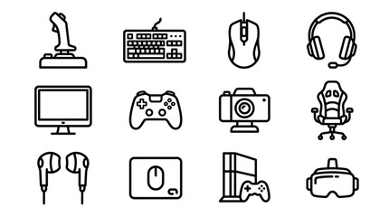 Gaming Gear Icons: Joystick, Keyboard, Mouse, Headset, Monitor, Controller, VR © Brian