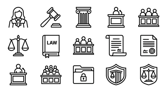 Justice Icons Set: Law, Court, Gavel, Scales, Judge, Jury, Document, Column, Shield