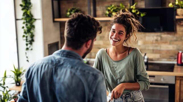 Young couple having a playful moment in their kitchen, a man looking at a smiling woman while they interact during a cheerful morning conversation at home