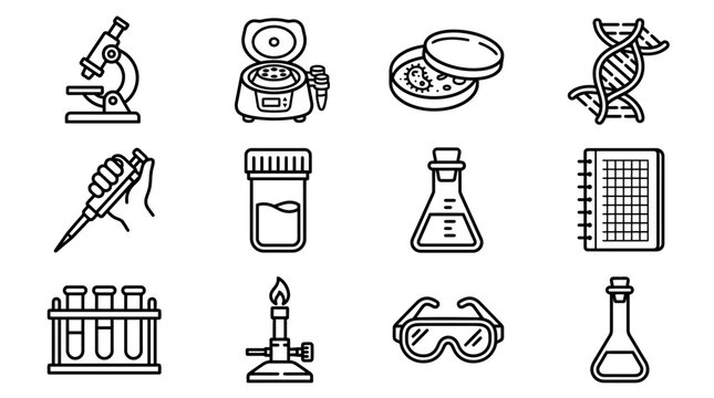 Science Laboratory Equipment Icons: Microscope, DNA, Pipette, Flasks, Petri Dish, Burner