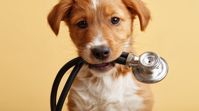 Puppy holding stethoscope in its mouth showing important concept of veterinary care, pet health, animal well-being, and medical support for domestic animals