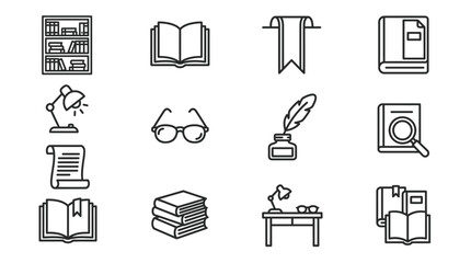 Collection of Book and Reading Icons: Bookshelf, Open Book, Desk Lamp, Glasses, Inkwell © Brian